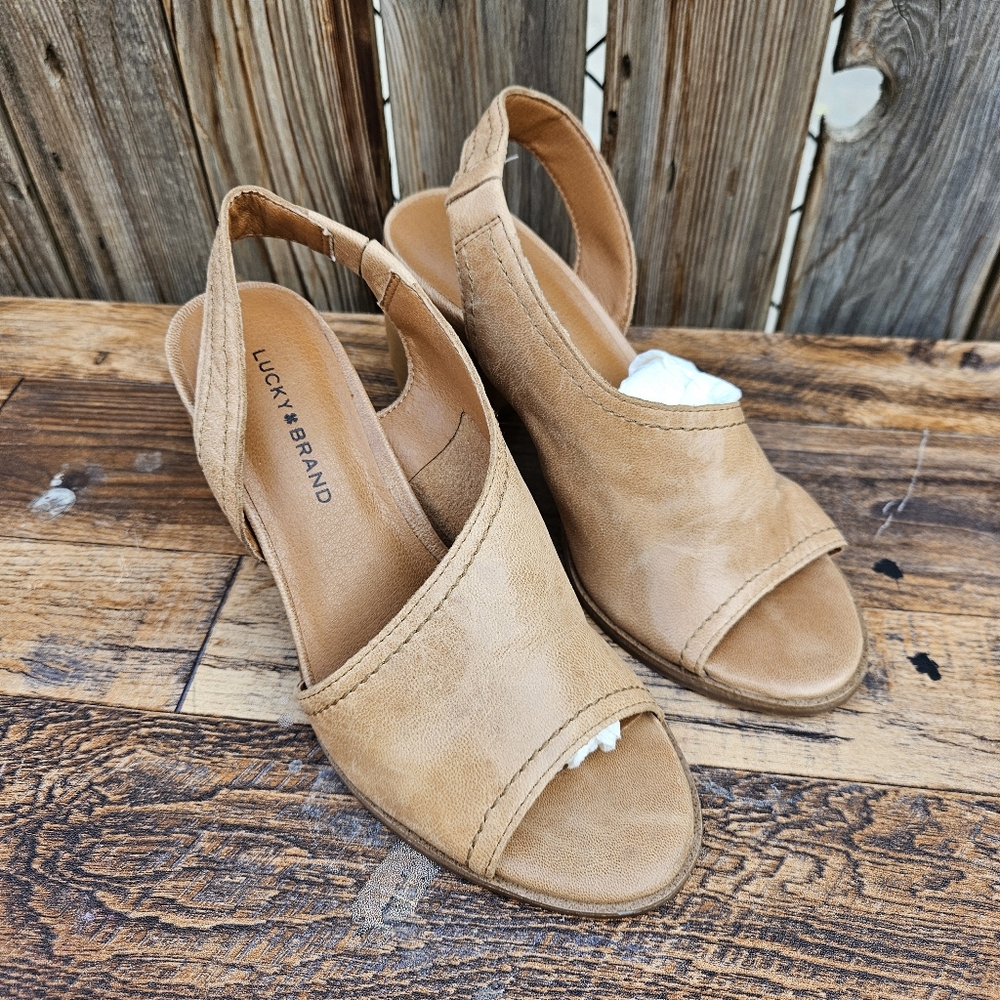 Lucky Brand Tan Peep-Toe Slingback Wedge Heels Size  6